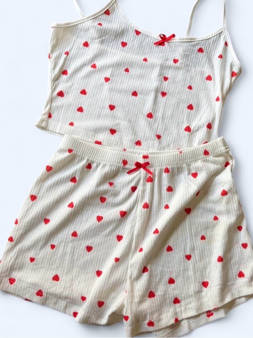 Heart Print Ribbed Cami & Shorts Set